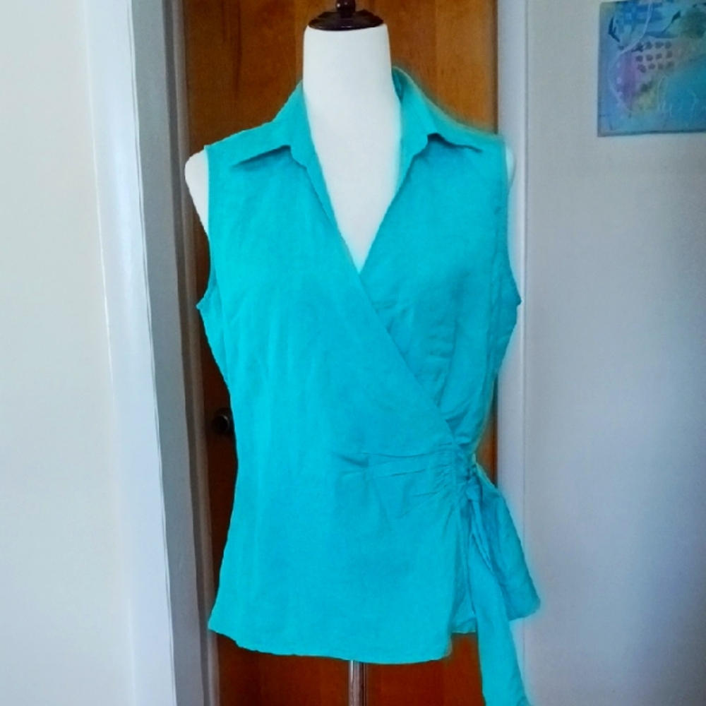 East 5th Sleeveless Blouse Wrap Vneck Collar Side Tie Teal Blue Green M